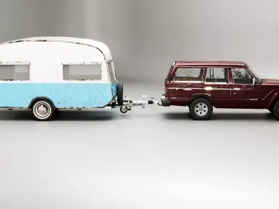 Aged Toyota land Cruiser J60 and Classic Camping Caravan 3D model