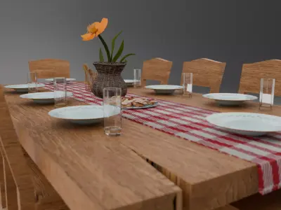 Wooden Dining Table And Chairs with Cloth  Game Ready 3D Model Free 3D model
