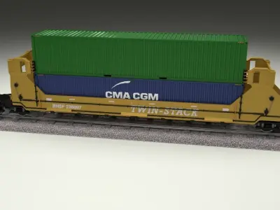 Yellow Train Well Car w Containers 3D model
