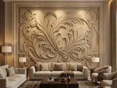 modern feather panel wall decor set relief stl mural CNC 305 3D model