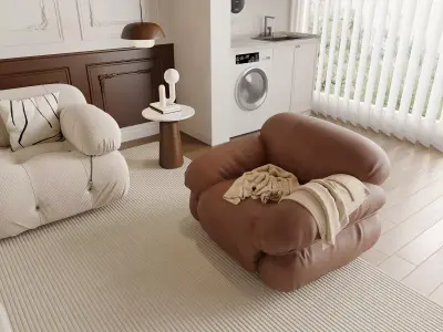 Cozy Modern French Living with Cloud Sofa and Warm Wood 3D model