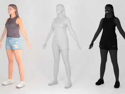 Pretty young woman in denim shorts in A-pose 160 Low-poly 3D model