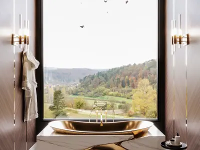 Bathroom-luxury modern bathroom with gold chandelier Low-poly 3D model