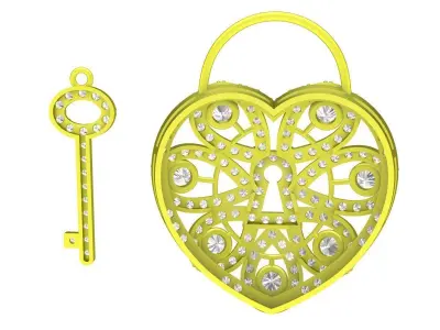 A7439 Diamond Heart Lock and Key Women Pendant 3D Model 3D print model