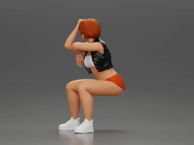 Girl in Mini Leather Jacket Shorts Sitting Leaning with Hands 3D print model