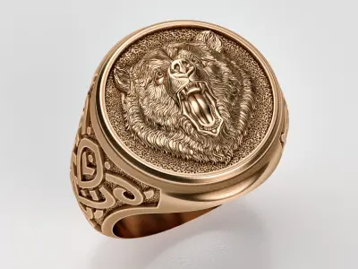 Men ring with a bear and an ornament 3D print model