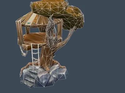 Cartoon Old Wooden House on the Tree Low-poly 3D model