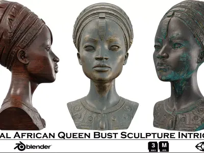 Regal African Queen Bust Sculpture Intricate Low-poly 3D model