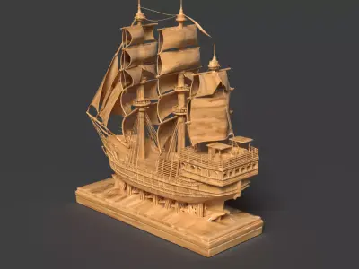  Chinese wooden carving sail ship Low-poly 3D model