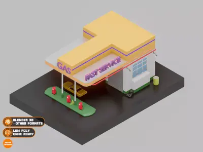 Gas Station Low Poly Diorama 001 Low-poly 3D model