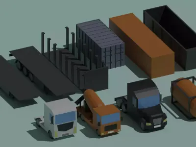 Set of trucks and trailers Low-poly 3D model