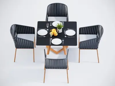3D model Rectangle table with 4 rope chairs 3D model