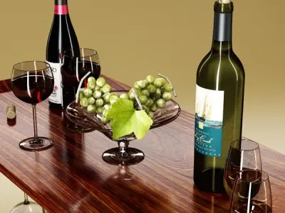 Wine Rack Table Bottles Cups and Grapes 3D model