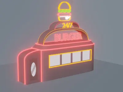 Cheap diner with a neon sign Low-poly 3D model