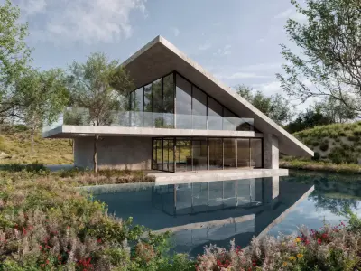 Modern Sloped Roof Pool Villa 3D model