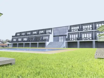 HOTEL building with balconies and stairs 3D model