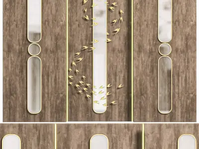 Panel three wooden doors with gold leaf design 3D model