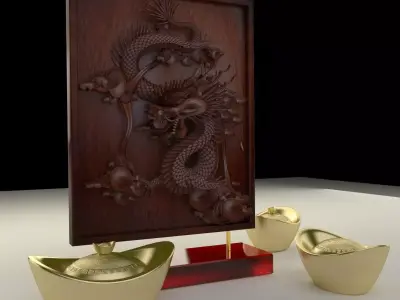 Chinese gold ingot with dragon pattern 3D model