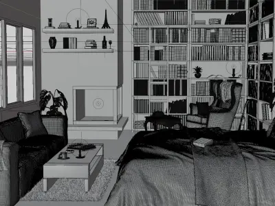 Bedroom interior scene    Low-poly 3D model