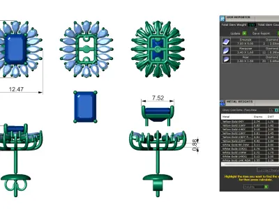 Emerald Gemstone With Surround Diamond Design Stud For Women 3D print model