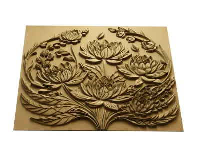 Lotus flowers wall art set relief STL panel carving CNC 262  3D model