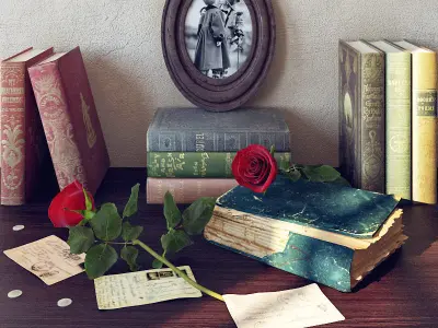 decorative set books and rose on table 3D model