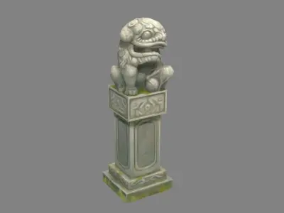 Cartoon stone pillar and stone lion sculpture Low-poly 3D model