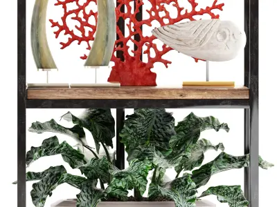 Rack with the decor of figurines and plants 3D model