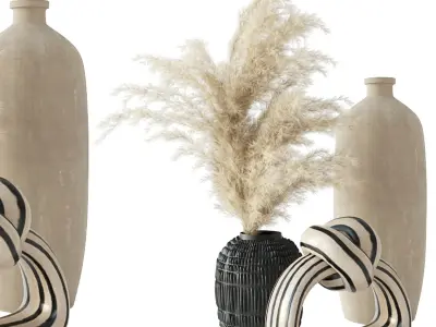 Minimalist set vases with dried grasses 3D model