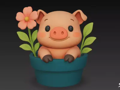Pig in Flower Pot Low-poly 3D model