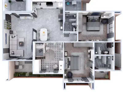 3 BHK Apartment Interior with Assets DS2 Low-poly 3D model
