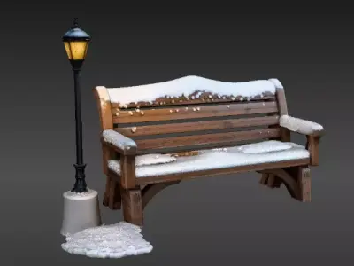 Winter Street Bench with Lantern 3D Scene  Model Holiday Scene  Low-poly 3D model