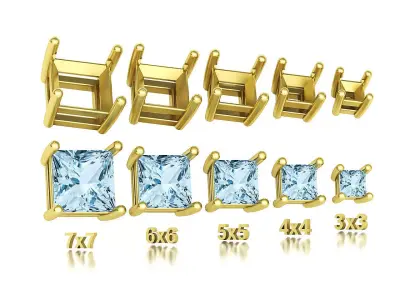 Princess Cut Gems 4prong Heads 7x7 6x6 5x5 4x4 3x3  Collection 3D print model