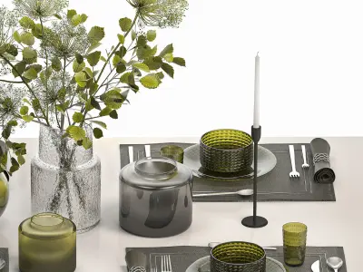 Stylish Table Setting For 4 Persons With A Bouquet 3D model