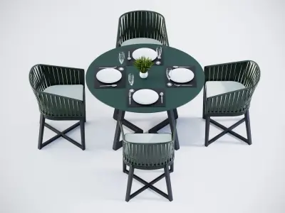 3D Rounded table and 4 rope chairs 3D model