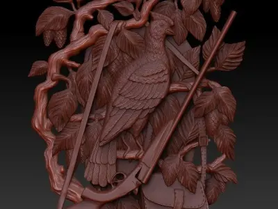 Hunting wood carving of bird with rifle 3D print model