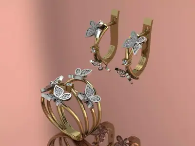 Elegant Jewelry Set Ring Earring Diamond Gold 3D print model