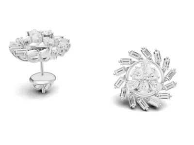 Sunburst Baguette Diamond Stud Earrings With Floral Style 3D print model