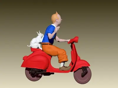 TinTin and milu on a red Vespa 3D print model
