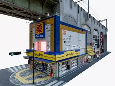 Akihabara Tokyo Street with Buildings and Sidewalk Low-poly 3D model