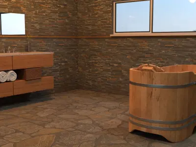 Wooden bath and faucet Low-poly 3D model