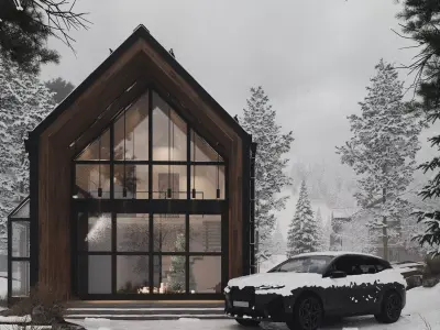 Modern A-Frame Winter Cabin - Full Exterior Scene 3D model