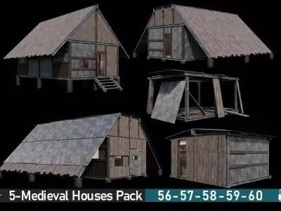 Medieval Houses Pack 56-57-58-59-60 - 4K Textures Game Ready Low-poly 3D model