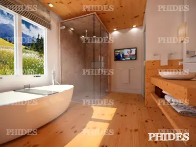 Bathroom with wood floors and mountains 3D model