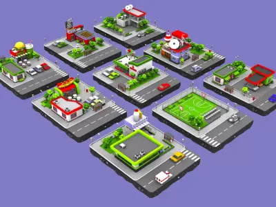 Cartoon Low Poly City - 9 Blocks Low-poly 3D model