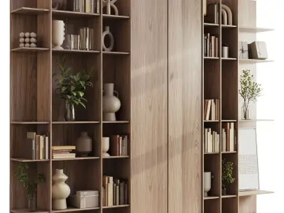 wooden Shelves Decorative With Plants and Book  Low-poly 3D model