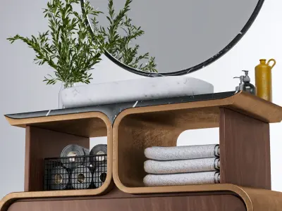 Bathroom-X bathroom vanity with round mirror above it Free low-poly 3D model