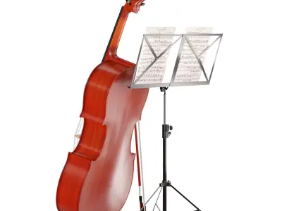 Wooden Cello made of wood with stand and music 3D model