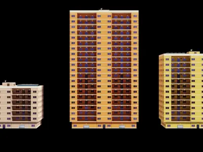 3 Realistic residential city building  Low-poly 3D model