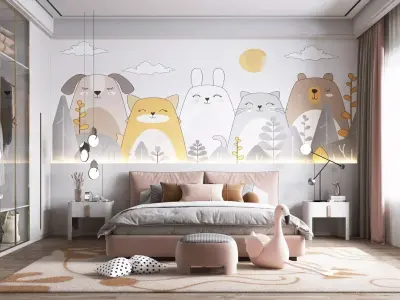 Modern Kids Bedroom Interior with Cartoon Animal Wall Mural 3D model